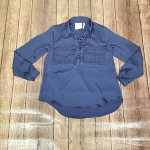 REVOLVE x L' Academie Womens Shirt Blue Size XS Extra Small Lace Up Collared